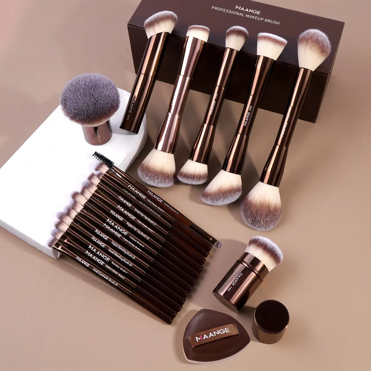 MAANGE 20pcs Professional Cosmetic Brush Set - Face Makeup Brushes, Air Cushion Puff, Aluminum Tube Storage Case, Beauty Accessories for Foundation, Powder, Blush, Eyeshadows, Travel, Gifting, Cosmetic Brushes