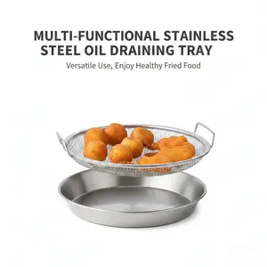 Stainless Steel Disc with Strainer Home Kitchen BBQ Frying Snacks Oil Filter Dish Cooling Draining Tray