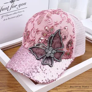 Unisex Sequin Baseball Cap - Breathable Dome Cap with Cotton Mesh, Rhinestone Accents, Sequin Look, Butterfly Motif, Sun Hat for Summer Sports & Outdoor Use