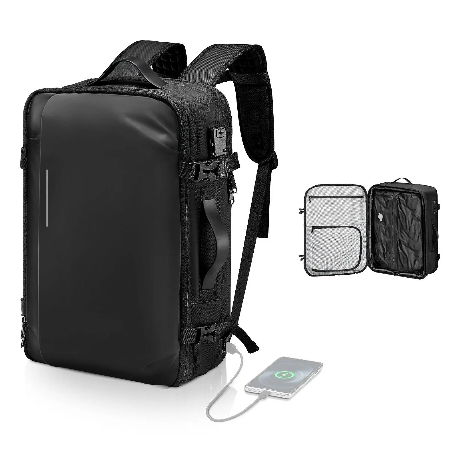 65L Expandable Vacuum Seal Compression Travel Backpack - TSA-Approved Lock, Multiple Pockets & Compartments, Water-Resistant Carry-On Luggage, Pump-Free, Black