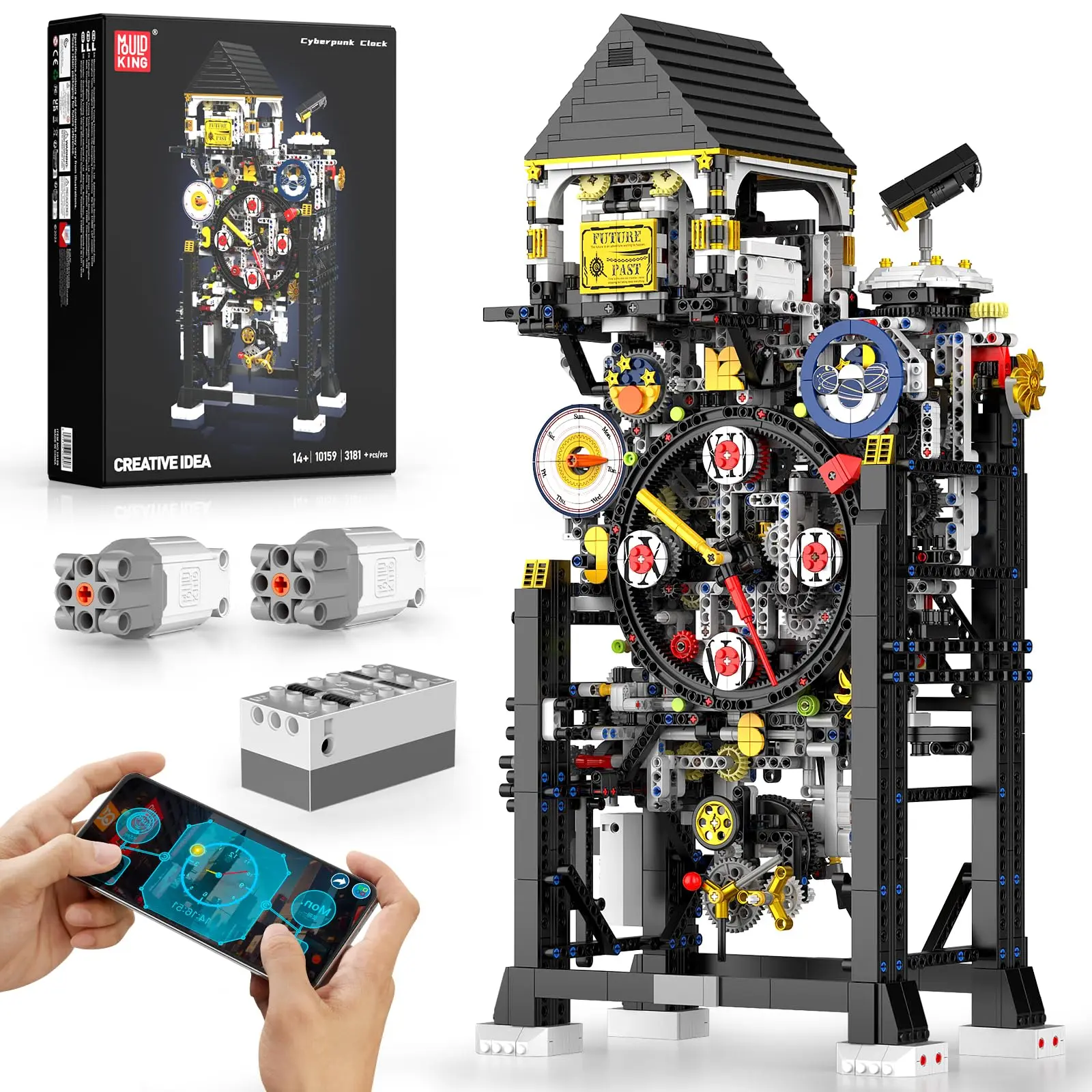 Mould King 10159 Cyberpunk Clock Building Set, APP Control Smart Clock with 4 Dials & Chiming Bird Alarm, 3181+ PCS Large Building Blocks Kit, Home Desk Decor, Collectible Building Toys for Adults and Teens