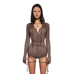 Crossfade Hooded Long Sleeve Romper - Brown