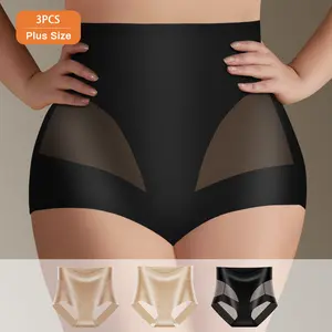 QUASTI 3 Pack Plus Size High Waist Seamless Sexy Translucent Design Women's Briefs, Ice Silk Basic Breathable Soft Fabric, Tummy Control Hip Lifting Panties, Silky Elegant Fashion Fit Women's Womenswear Briefs, Gift For Girls S-XXL