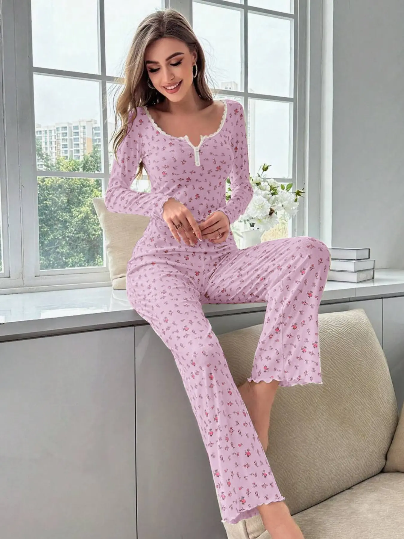 Women's Ditsy Floral Print Long Sleeve Fitted Pajama Set, Soft Breathable Fabric, Casual Loungewear Home Wear, Elegant & Comfortable Sleepwear Pjs for Daily Use, Sleepwear Homewear Clothes