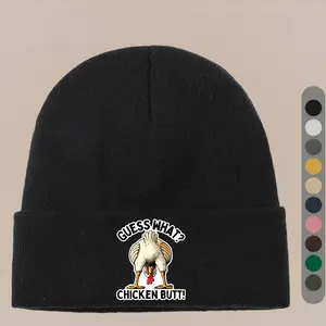 S&T Funny Chicken Butt Winter Brimless Hat, Printed with "Guess What?Chicken Butt!"Cartoon Chick Pattern - Lightweight and Warm Unisex Skiing, Hiking, Christmas, Halloween Headgear - Soft Plush Ear Muffs, Elastic Fit (Ideal Gift for Men and Women)