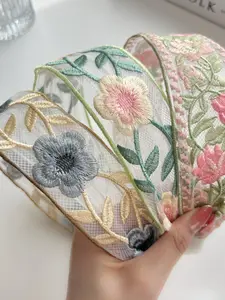 3Pcs New Chinese Style Rose Embroidery Lace Headband, Chic Headbands, Sparkling Flower Headbands, Niche Design Wide-Brimmed Hair Hoop, High Top Head, Versatile Hair Accessory