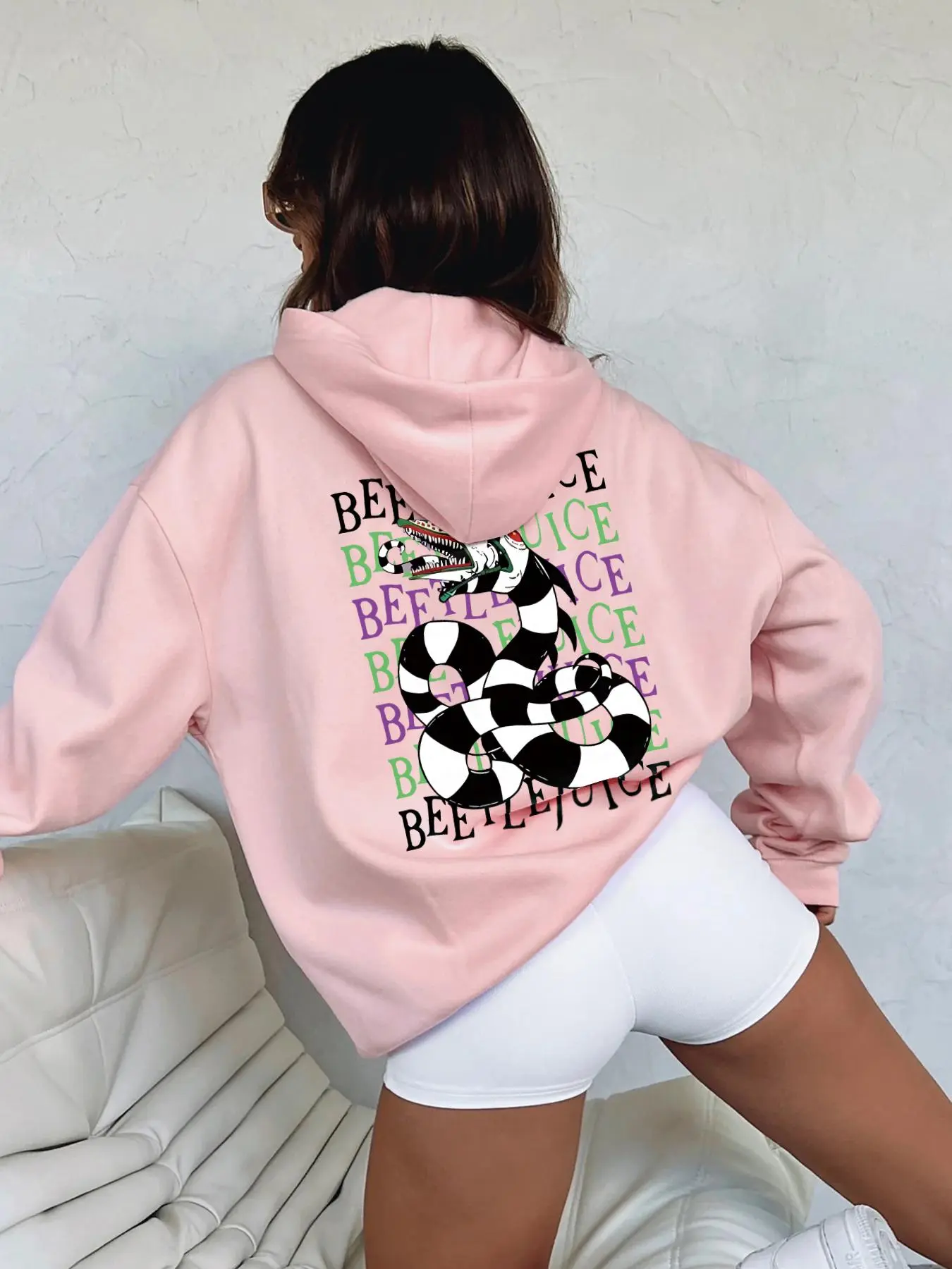 Women's Casual Loose-Fit Graphic Hoodie, Beetlejuice Snake Print, Spring & Fall Home Wear, Thick Fabric Letter Pattern Top, Funny Sweatshirt, Casual Hooded Sweatshirts