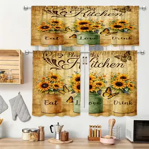 3pcs Kitchen Curtains with Three Floral Jars and Butterfly Decorations Create a Cozy Home Atmosphere, Curtain Set Available in Multiple Sizes (Rod Not Included) Designed for Rod Pocket Hanging Style.