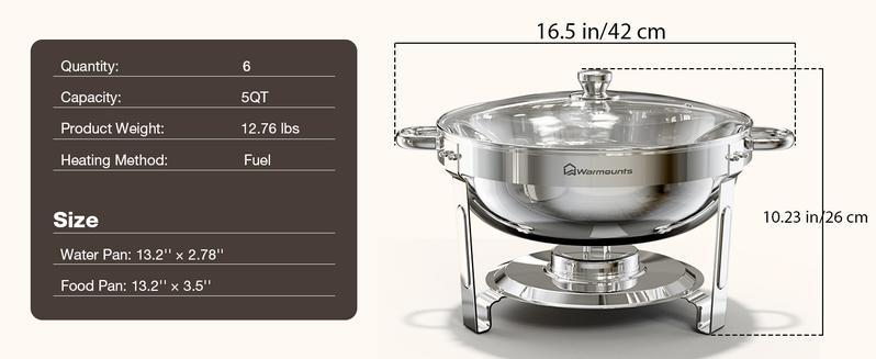 WARMOUNTS Round 5QT Chafing Dishes for Buffet with Glass Lid (2/4/6-Pack) | Chafers and Buffet Warmers for New Year‘s Party & Winter Gathering | Wedding & Catering