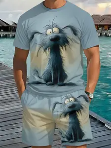 Cute Long-Haired Dog Casual Men's 3D Digital Print Two-Piece Set, 2Pcs, Trendy Fashion Suit, Trendy Retro Casual Two-Piece Set, Vacation-Style Trendy Outfit, Breathable Sports Casual Style, Perfect Holiday Gift for Men