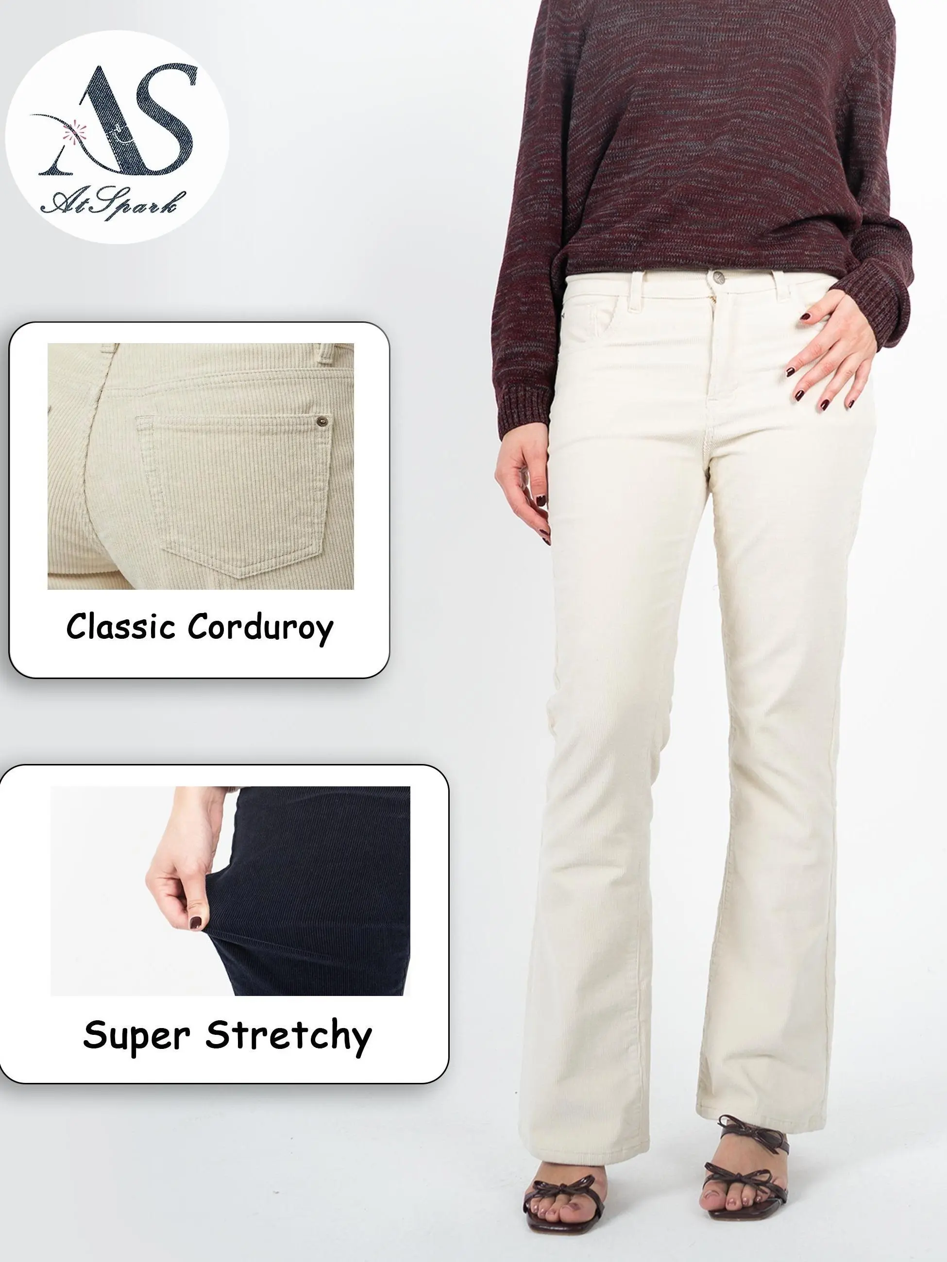 AtSpark Women's High Waist Wide Flare Corduroy Bottoms - Ribbed Stretch Cotton (99% Cotton) Trousers, Minimalist Fashion, Button Detail, Retro Statement Style, Curvy & Classic Fits, Pair with Blazer/Tee