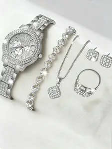 6pcs Elegant Women's Quartz Watch Set, Including Silver Alloy Band Quartz Watch, Bracelet, Necklace, Earrings, Ring, Designed With Cool-Toned Rhinestones As The Center, Trendy Watch Set