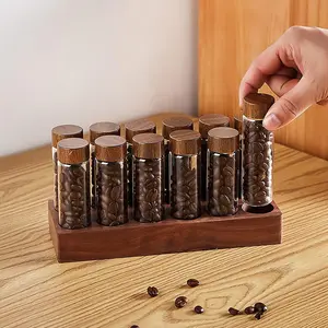 Coffee Bean Storage,Coffee Storage Container with Walnut Solid  Base,Coffee Bean Container,12 Tubes Single Dose with Wooden Holder(Type 1)
