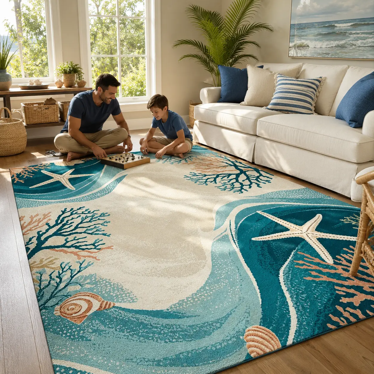 Coastal Ocean Area Rug, Starfish Seashell Coral Decorative Floor Mat for Living Room and Bedroom