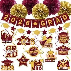 Graduation Decorations 2026, 2026 Grad Banner and Congrats Grad Hanging Swirls, Maroon and Gold Graduation Banner Graduations Hanging Swirls College Graduation Party Decorations Class of 2026