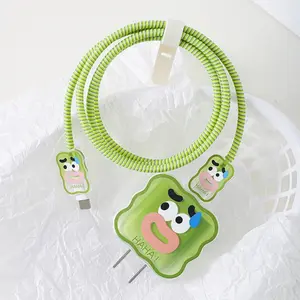 Emoji Pattern 20w Charger Cable Protector Set, Includes Square Charger Case, Data Line Guard, Coiling Tool, Braiding Strap, Anti-Break, Anti-Dirt, for Apple iPhone 17/16/15/14/13/12/11 Pro Pmx