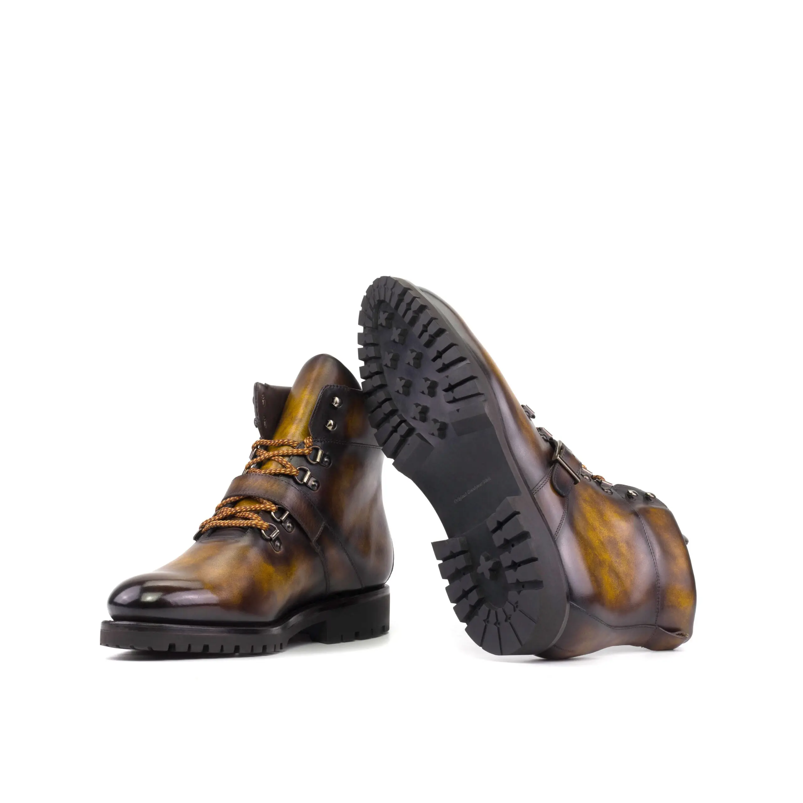 Patina Hiking Boots with Black Commando Sole - Unisex Durable Goodyear-Welted Comfort with Adjustable Buckle Strap for Enhanced Longevity and Custom Fit US