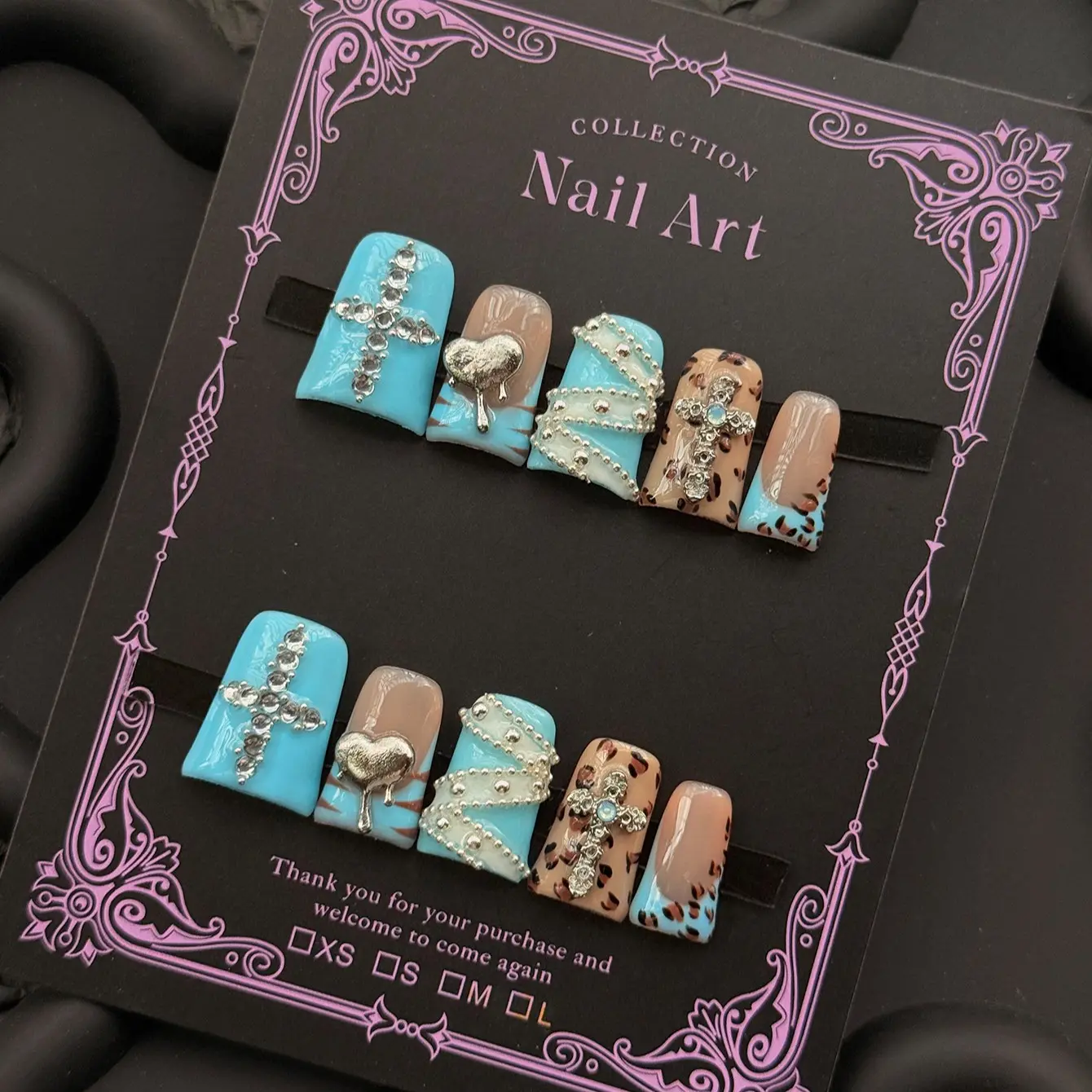 10pcs Y2K Style Duck Nail Stickers, Blue & Glossy Rhinestone Nails, Decorative Nails, Nail Decoration, Nail Designs, Heart Cross Ribbon Design, Perfect for Parties Weddings Daily Wear, Includes Tools, Nail Art Supplies