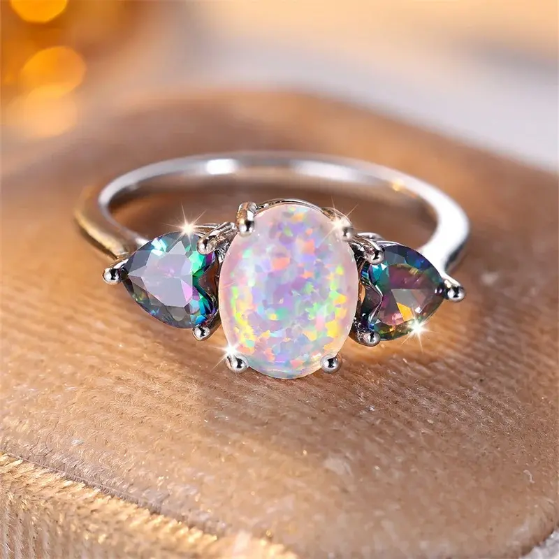 Women's Multi-Size Silver Oval Opal Ring - Geometric Metal & Mystic White Fire Opal Wedding Band, Rainbow Heart Zircon Party Engagement Jewelry Mother Gift