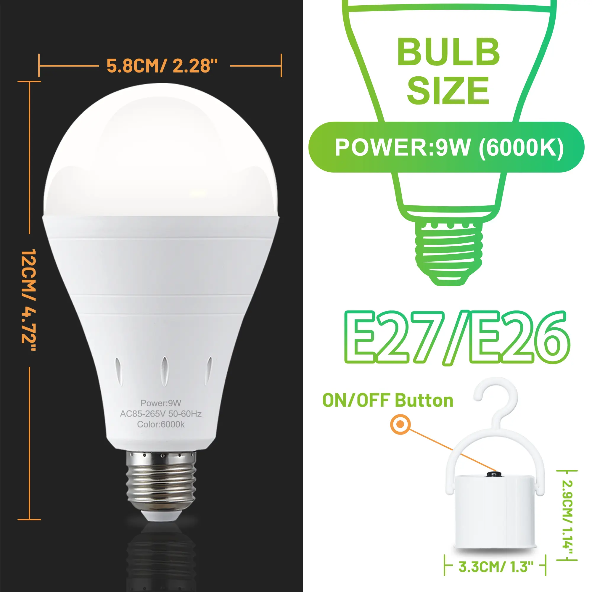 DEBAOBULB Rechargeable Emergency Light Bulbs Battery Powered LED Light Bulb 6000K Daylight E26 120 Volt 9W 60W Equivalent with 1200mAh for Home Power Outage Camping Hurricane SummerVibes