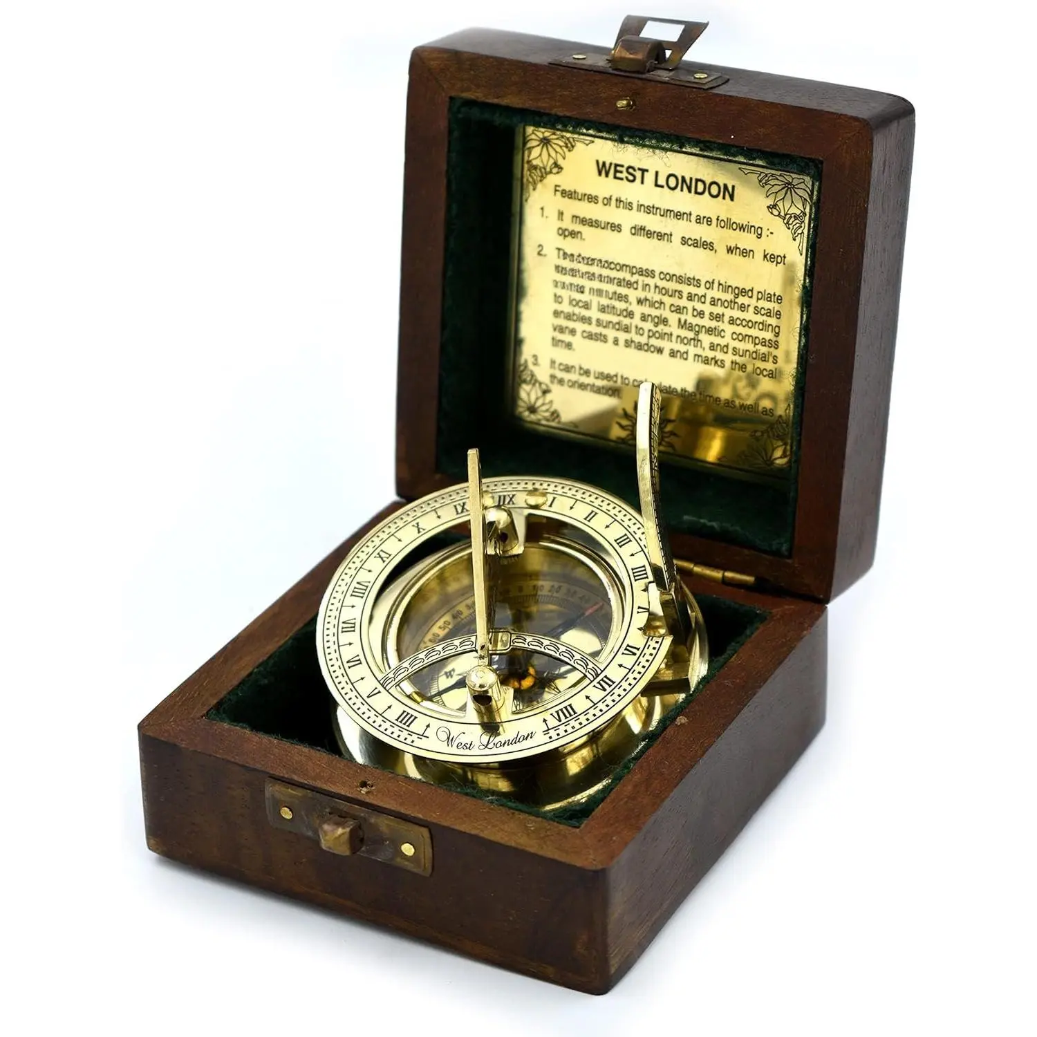 Antique Brass Sundial Compass, Sundial Clock in Box  Sun Clock Ship Replica Watch,Ship Decorations