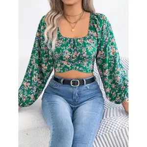 Women’s printed lace-up crop top with exposed navel, square neckline, spring and autumn style, featuring bishop sleeves—women’s everyday wear GARMENTARY