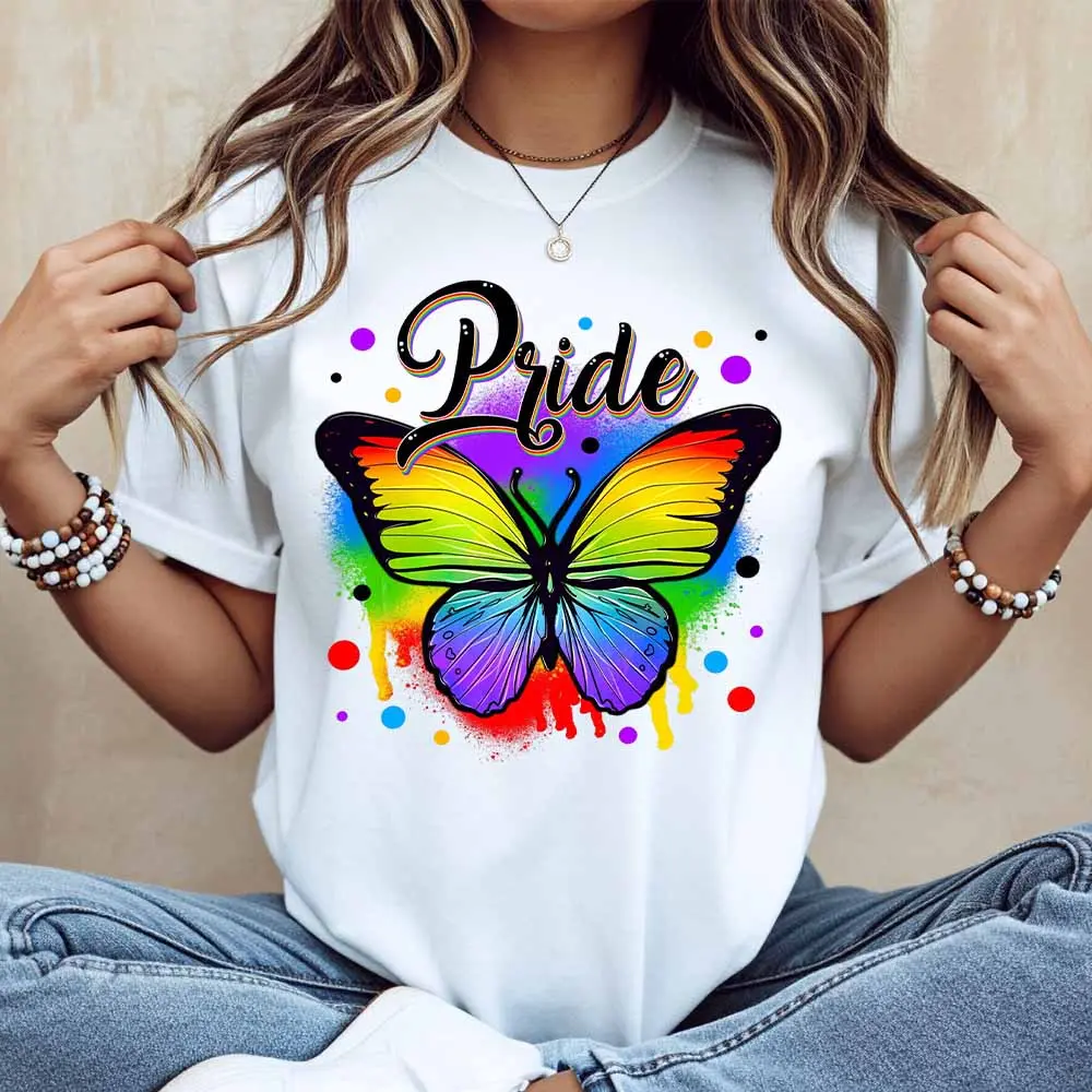 Pride Butterfly Rainbow Print T Shirt White Casual Loose Fit For Everyday Wear And Outdoor Activities