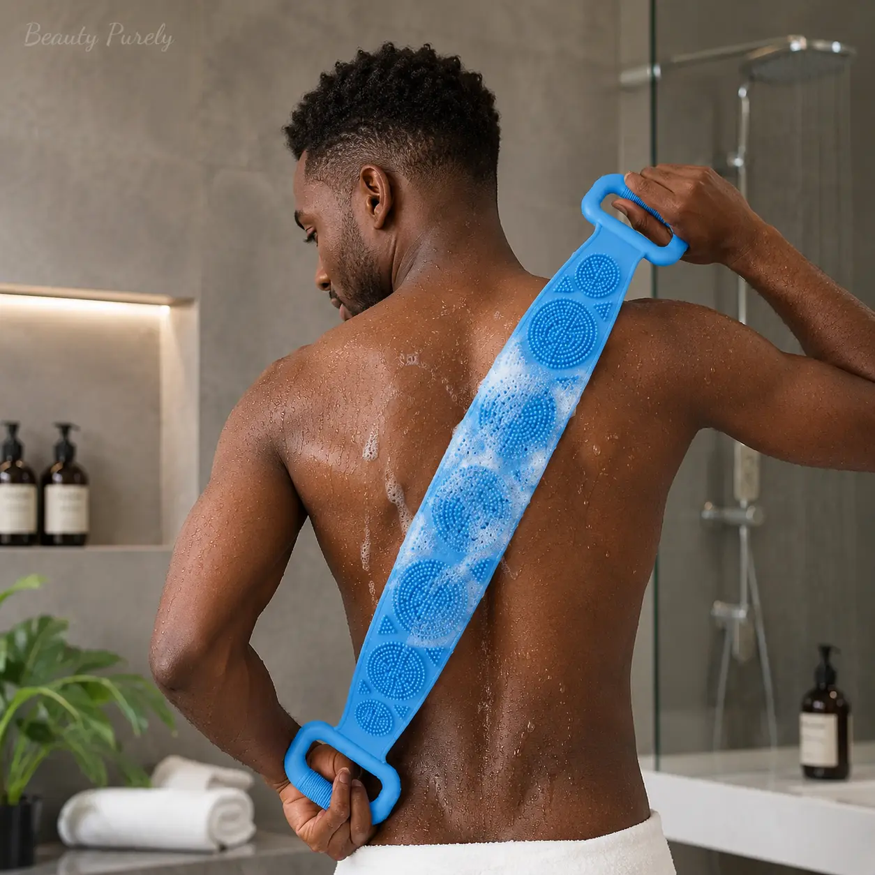 1PCS Silicone Double-Sided Exfoliating Back Scrubber Bath Brush - Mesh Sponge, Long Strap with Soft Bristles & Handles, Hanging Beauty Personal Care Bathing Accessories for At-Home Body Cleaning, Beauty Products