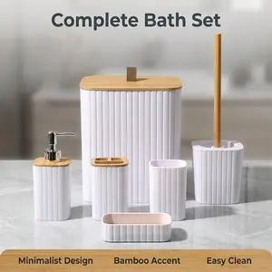 Six-Piece Vertical Texture Bamboo Bath Accessories Set, Complete Bathroom Storage Solution for Home/hotel Use, Durable, Stylish and Minimalist Design, Easy Clean, Bamboo Accent, Bamboo Material