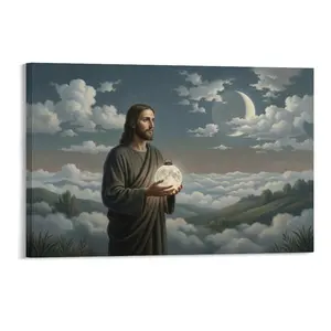 Caucasian Jesus Surreal Canvas Painting - Moon Lantern, Clouds, Crescent Moon, Realistic Detail, Muted Tones, Canvas Wall Art for Home Decor