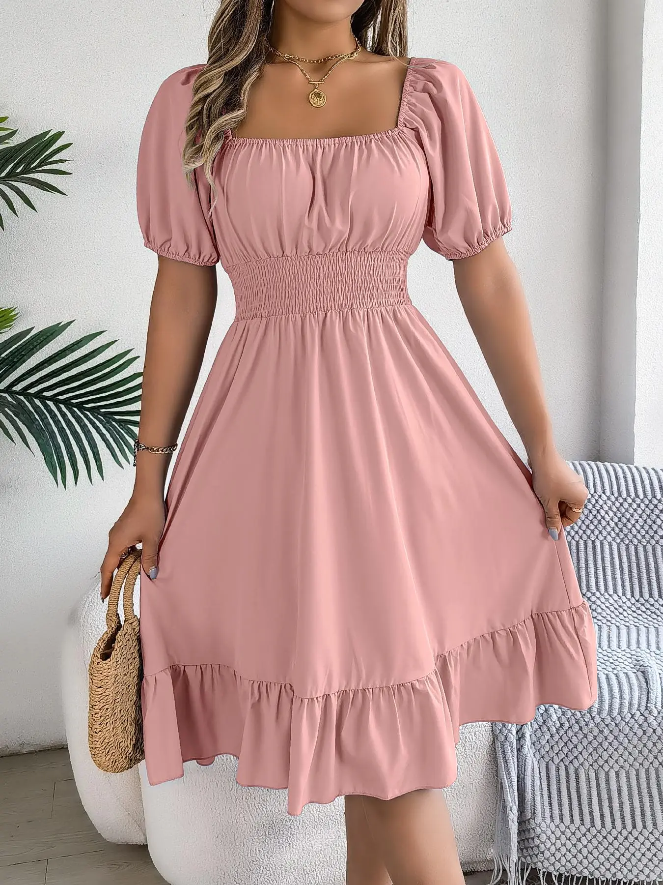 Women's Casual Fitted Plain Ruffle Hem Shirred Puff Sleeve A-Line Dress,  Elegant Aesthetic Feminine Short Sleeve Square Neck Knee-Length Dress for  Summer, Ladies French Style Dress for Beach Holiday - TikTok Shop