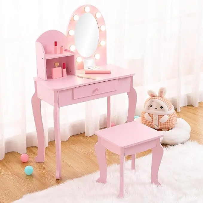 Vanity Desk with Mirror and Lights, Small Vanity Table and Chair Set,Wooden Makeup Desk Dressing Table with Drawers & 3 Light Modes