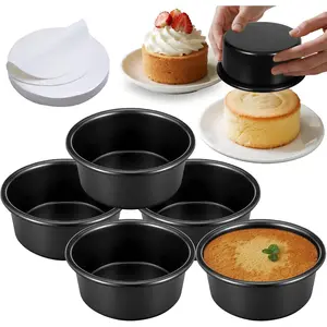 4 Inch Cake Pan Set of 5, Nonstick Cheesecake Round Cake Pans with 100 Pieces Parchment Paper, Mini Cake Tins for Baking, Non-Toxic & Leakproof Circle Cake Pan, Aluminum Material Food Grade Coating
