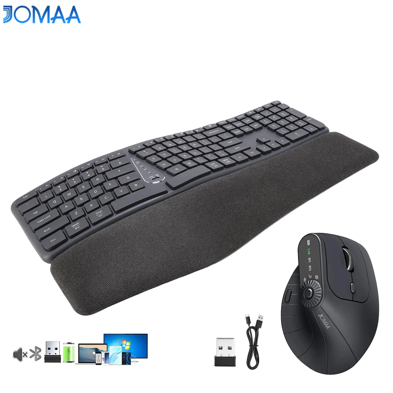 JOMAA Ergonomic Bluetooth&2.4G Wireless Split Keyboard 111-Key Wireless Rechargeable Keyboard Sets with Ergonomic Dual-Mode Vertical Wireless Quiet Click Mousefor Win/Mac OS