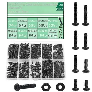 M3 Machine Screws Assortment Kit 540 count M3x4/5/6/8/10/12/16/20mm Black Pan  Screws Fully Threaded Carbon Steel Machine Screws Phillips Drive Fastener  Flat Washers Nuts Kit