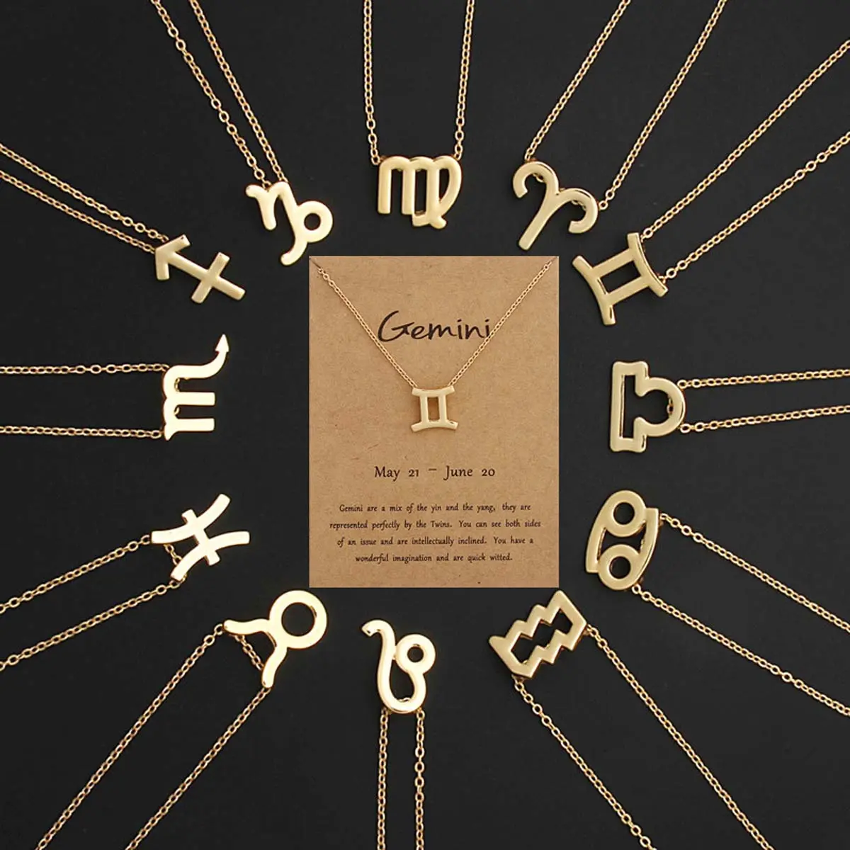 12 Zodiac Charms Necklace for Women, Minimalist Metal-Coated Clavicle Chain with Artificial Gemstone Pendant and Personalized Gift Card