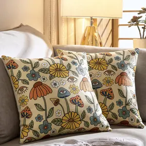 2PCS Retro Boho Floral 18x18 Throw Pillow Covers Set Yellow Orange, 70s Vintage Cute Fun Decorative Linen Bed Couch Cushion Cases for Bedroom Living Room