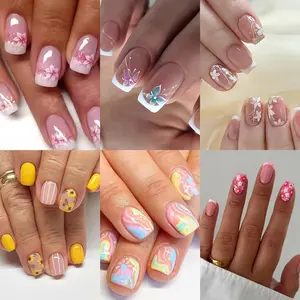 6 Packs (144 Pcs) Press on Nails Square Short, Medium Press on Nails with Flower Design French Tip Fake Nails Kit for Women 12 Sizes-6 Styles