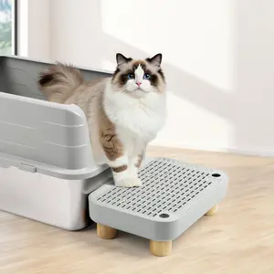 Litter Box Ramp with Wooden Base, Anti-Tracking Litter Box Step Catcher, Easy to Clean Non-Slip Cat Stair, Ideal for Kittens & Senior Cats, Grey