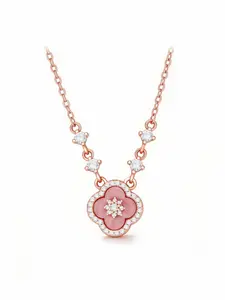 Four Leaf Clover Pink Shell CZ Necklace Lucky Charm Luxury Elegant Jewelry for Women