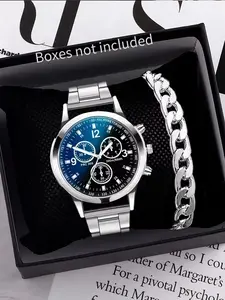 2-piece/set business men's quartz watch and men's fashionable steel strap bracelet (excluding box), Fashionable Wristwatch, the best choice as a gift for good friends