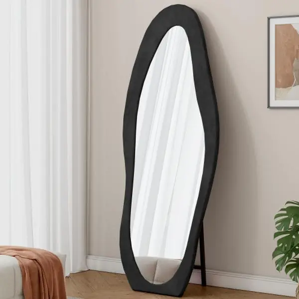 Full-Length Mirror, 63" x 24" Floor Mirror/Wall Mirror, Flannel-Wrapped Wooden Frame Floor Mirror, Irregular Wavy Mirror Standing/Hanging Large Wall Mirror for Bedroom, Living Room, Dressing Room Black Decor drawer dresser