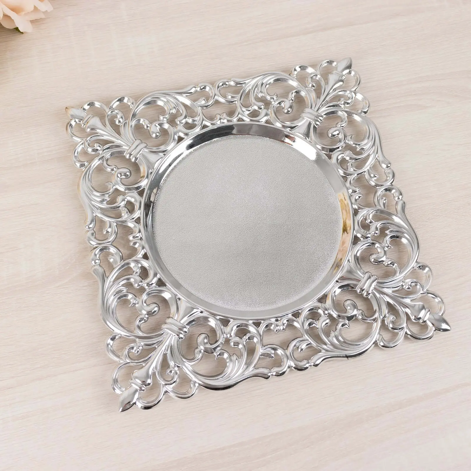 12" Square Silver Acrylic Charger Plates (6-Pack) with Hollow Lace Border - Kitchen Tableware Set Service Plates for Wedding Receptions, Banquets