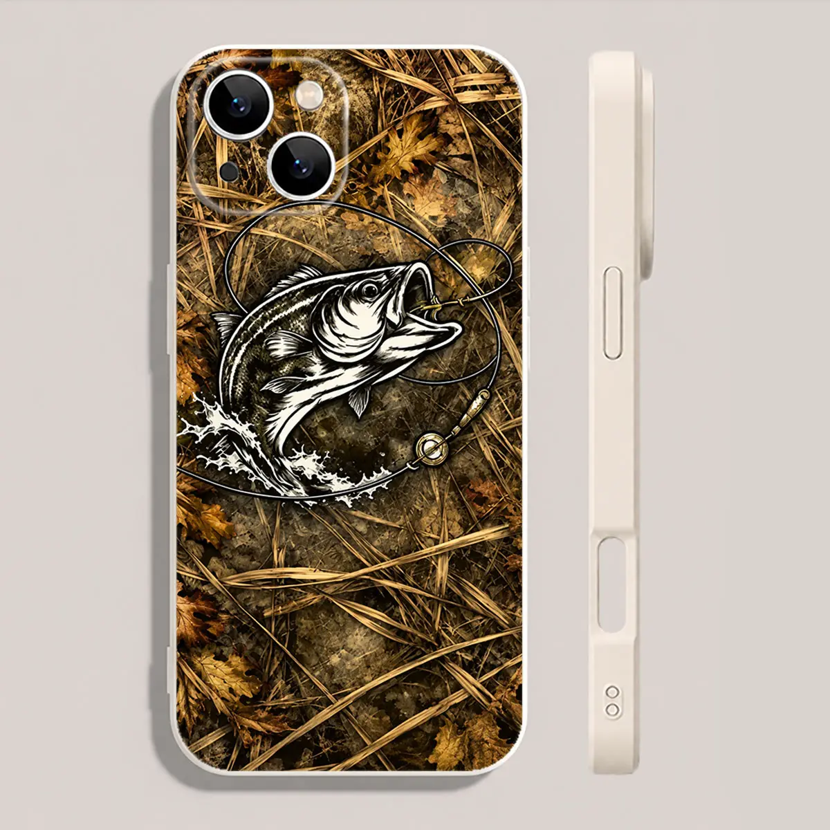 Mood In Case catalog image of a phone case with a large black-and-white bass, looping fishing line and brown leaf-and-pine-needle background