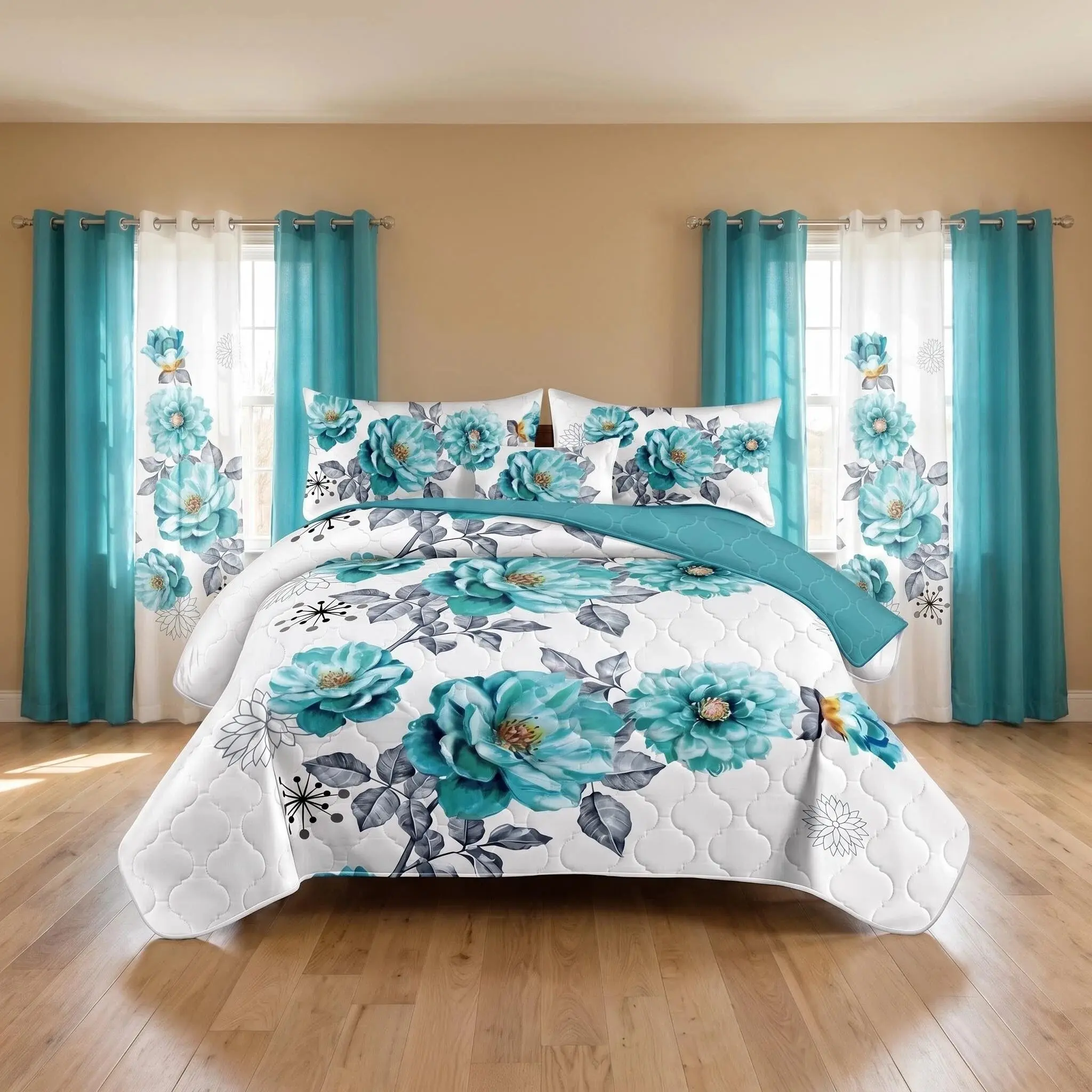 Reylox 9-Piece Thick Plush Bamboo Microfiber Decorative Bedding Set - Green Floral Bedding, Silky Feel, Durable All-Seasons, Fits Queen and King Size Beds, Farmhouse Home Decor Gift with Bonus Curtain Set