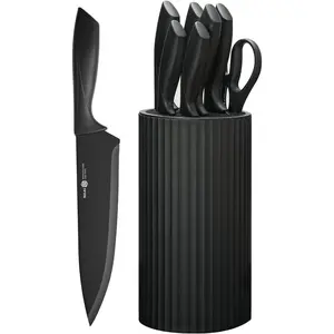 Knife Set, 8-Piece Kitchen Knife Set with Universal Block - Anti-Rust Chef Knives, Ergonomic Design, Dishwasher Safe (Black) NULAS, Blade, Handles