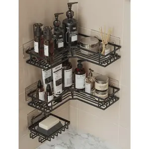 2pcs/3pcs Stainless Steel Bathroom Storage Rack Set, Corner Shower Caddy, Wall Mounted Adhesive Shower Organizer, Load Capacity Less Than 10kg, Suitable For Bathroom, Kitchen And Living Room Corner Storage