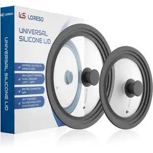 Universal Lid For Pots, Pans & Skillet Cookware-Tempered Glass Lid with Silicone Rim (Two Pack-Grey)