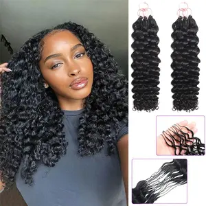【70G/Pack/60Strands】MIXNONCS HAIR Feather Crochet Human Hair Extensions For Miracle Knots Water Wave Crochet Human Hair Pre-Separated  70g/Pack/60strands 100% Virgin Human Hair Crochet Extensions Natural Black Curly Texture For Women Boho Curls
