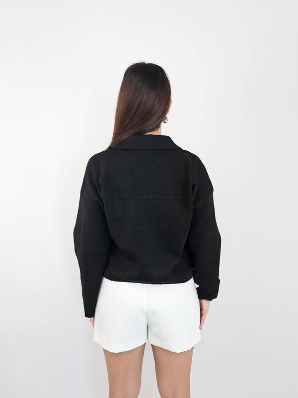 Black Cropped Jacket - Outerwear, Women's Boxy Coat with Zipper, Perfect for Layering